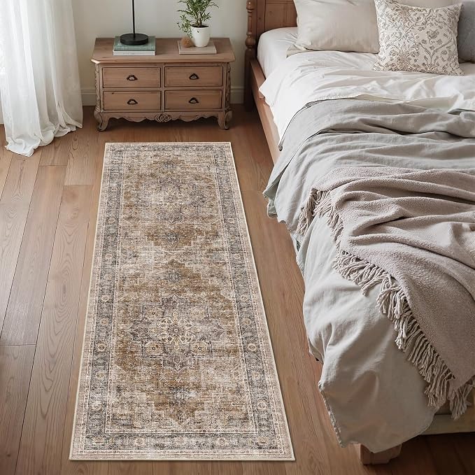 2x6 Vintage Runner Rug Low Pile Non-Slip Washable Hallway Rug | Retro Print, Non-Shedding, Soft Washable Brown Long Carpet, Stain Resistant Runner, for Hallway Kitchen Bedroom Laundry Room