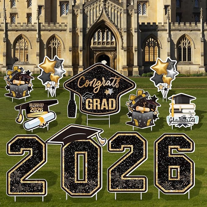 Large 11 PCS Graduation Yard Signs, Class of 2026 Congrats Grad Outdoor Lawn Yard Sign with Stakes, Graduate Yard Decorations for College High School Party, Black and Gold