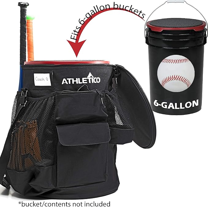 Athletico Baseball Bucket Cover Organizer - Baseball Bucket Bag With Padded Seat (Black)
