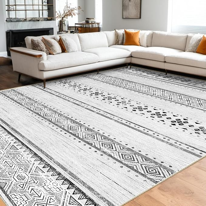 6x9 Area Rugs for Living Room Washable Moroccan Farmhouse Neutral Geometric Low Pile Non-Slip Soft Print Pattern Rug for Bedroom Kitchen Dining Room Entryway Grey/Black/Navy | Vacuum Friendly, Machine Washable, Non-Slip Rug, Stain Resistant, Moroccan G...