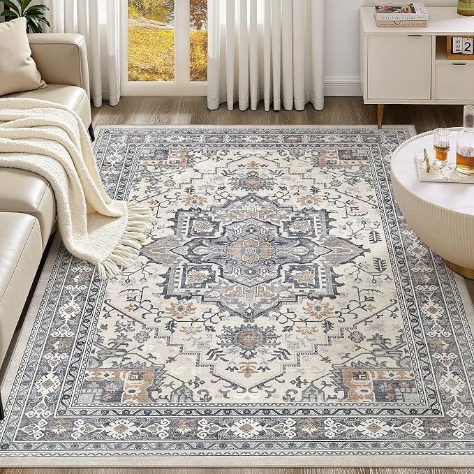 UERMEI 5x7 Area Rug Living Room Rugs - Washable Vintage Soft Large Rug Indoor Floor No Slip Rug Carpet for Bedroom Farmhouse Under Dining Table Home Office Decor - Grey-Orange