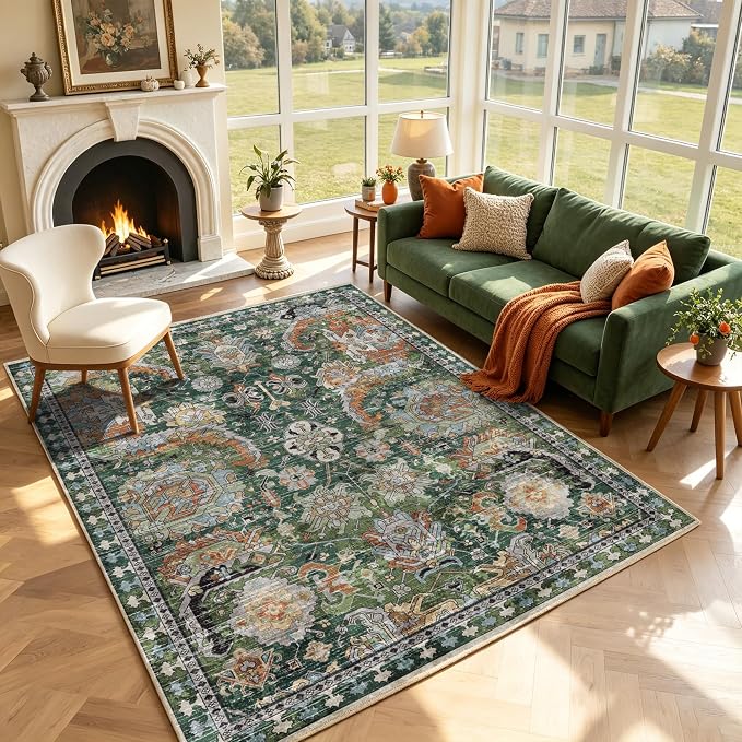 Washable Area Rugs - Perfect for Living Room, Bedroom, Kids Room, Nursery - Stain & Water Resistant Non-Slip, Pet & Child Friendly, Vintage Tribal Area Rugs (Green, 6' x 9')