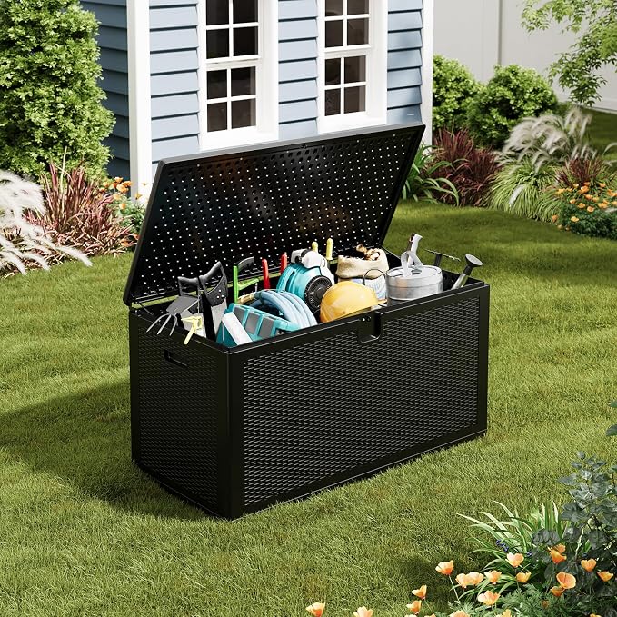 IDEALHOUSE 150 Gallon Resin Deck Box, Waterproof Outdoor Storage Box with Lockable Lid & UV Resistant, Patio Furniture Cushion Storage Container for Garden, Backyard, Poolside (Black)