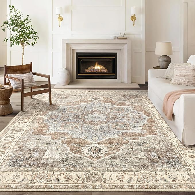 8x10 Washable Area Rug: Vintage Neutral Soft Non Slip Thin Large Floor Carpet for Living Room Bedroom Kitchen Dining Room Home Office Farmhouse Indoor - Grey Brown
