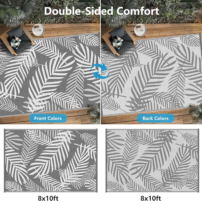 Kohree Outdoor Rug Waterproof 8x10, Reversible Outdoor Plastic Straw Rug with Leaf Pattern, Easy-Cleaning RV Mat Carpet for for Patio, Camping, Balcony, Deck, Backyard, Grey & White