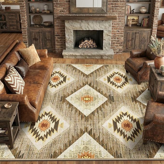 Area Rug 9x12 Machine Washable Non-Slip Low Pile Print Pattern Western Rug for Living Room Bedroom Entryway Tribal Series - Cream/Camel | Soft Western No Slip Low Pile Print Foldable Indoor for Kitchen Dining Room