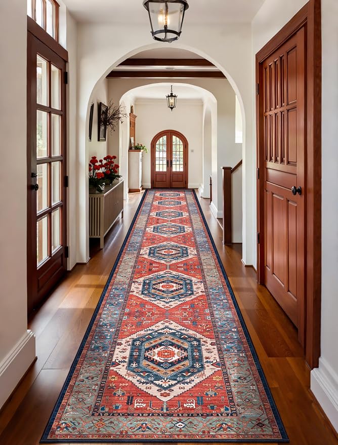 SERISSA 2'6"x18' Washable Non Slip Boho Runner Rug for Hallway，Rust | Ultra Soft Vintage Oriental Carpet Low-Pile Extra Long Tribal Floor Carpet for Kitchen Bedroom Entryway Bathroom Laundry Room