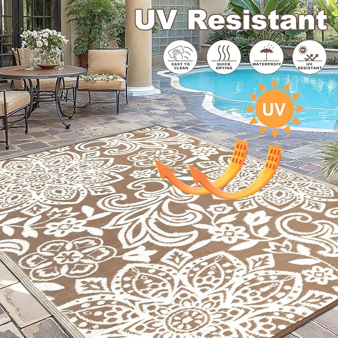 Findosom Waterproof Outdoor Rug 6' x 9' - Reversible Mandala Outdoor Plastic Straw Rug, Durable Foldable Patio Rug for RV, Deck, Balcony, Backyard, Picnic, Porch, Camping, Beach, Brown