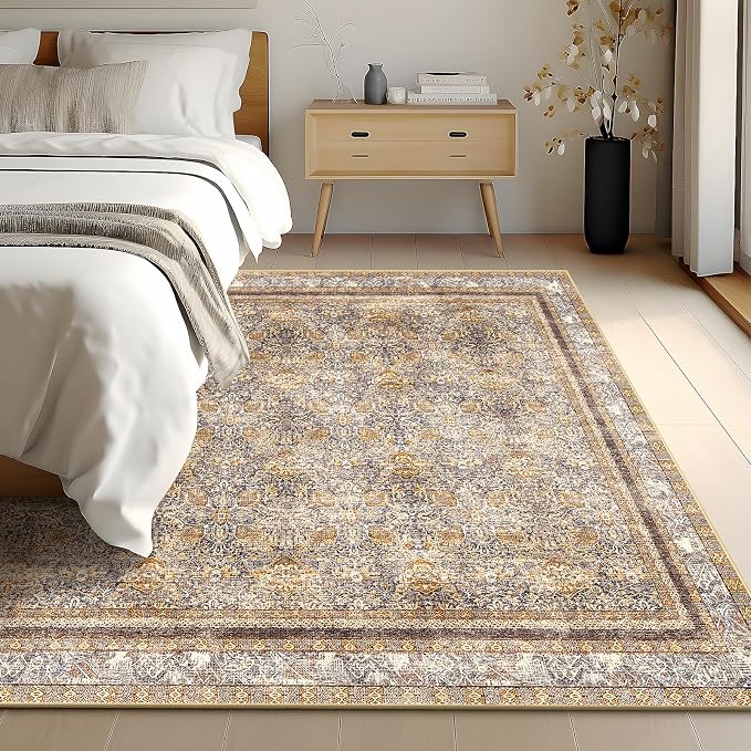Phantoscope Washable Area Rug 5'x7' Non-Slip, Vintage Neutral Rugs for Living Room, Bedroom, Dining Room, Distressed Boho Floral Medallion Pattern, Low-Pile Foldable Carpet, Brown/Charcoal Spice