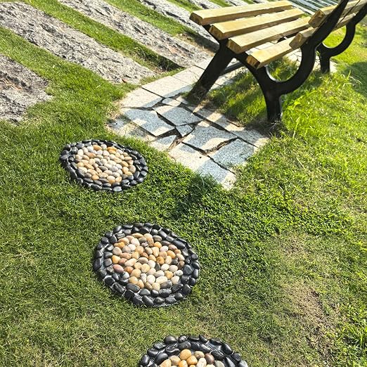 Garden Path Stepping Stone- 12 Inch Round Therapeutic Massage Stones, 3pcs Outdoor Decorative Stone Mats for Yard Pathway, Non-Slip Acupressure Flooring (Eco-Friendly, Polished River Rock)