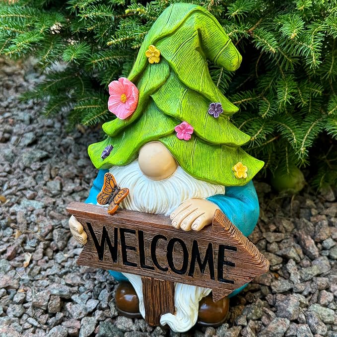 Mood Lab Garden Gnome - Solar Gnome Figurine with Welcome Sign - 9.1 Inch Decor Outdoor Lawn Statue with LED Lights