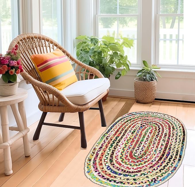 COTTON CRAFT Jute Chindi Braid Rag Rug - 4x6 Ft Oval Multi Color Area | Handwoven Reversible Jute & Natural Recycled Cotton Boho Farmhouse Rustic Area Accent Rug - Living Room Carpet Home Décor