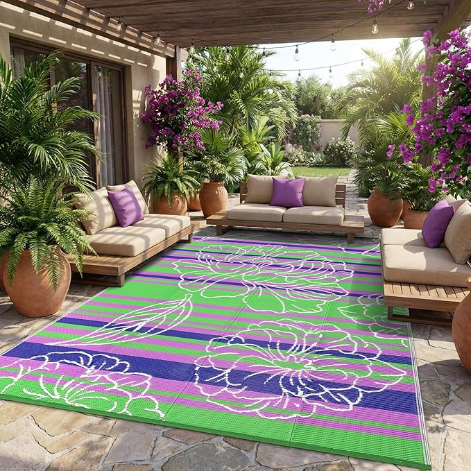 Garvee 8x10 Outdoor Waterproof Rug, Floral Outdoor Area Rug，Reversible Plastic Straw Patio Rug, Portable Camping Mat for RV, Picnic, Beach, Balcony, Garden & Camping Green