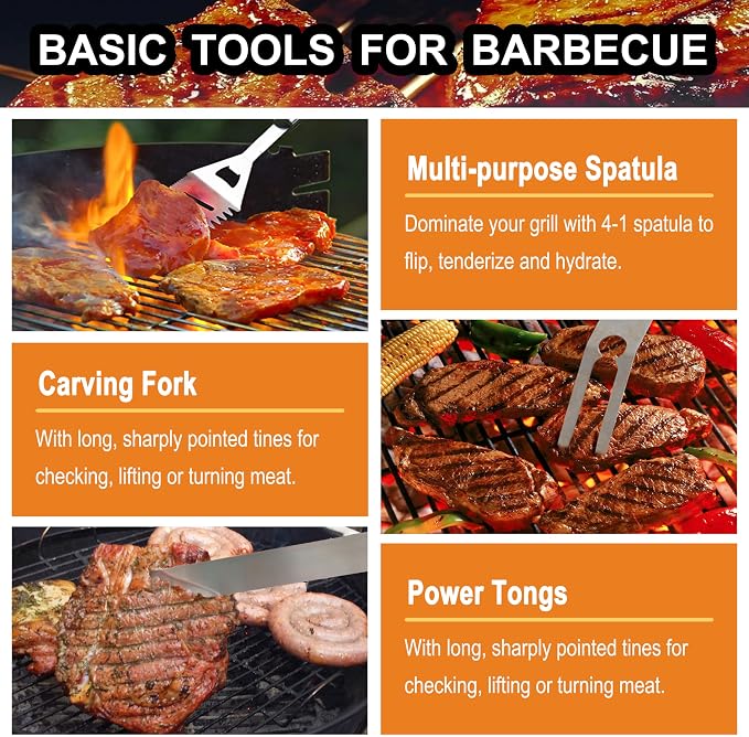 grilljoy 24PCS BBQ Grill Tools Set with Meat Thermometer and Injector - Extra Thick Stainless Steel Fork, Spatula& Tongs - Complete BBQ Accessories in - Perfect Grill Gifts for Father's Day