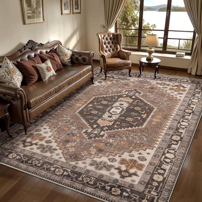 Ciicool Washable 4x6 Area Rug,Boho Non-Slip Indoor Mat for Entryway Kitchen | Oriental Hazel Low-Pile Soft Vintage Boho Indoor Entry Carpet for Bedroom Bedside Living Room Laundry Dining Room