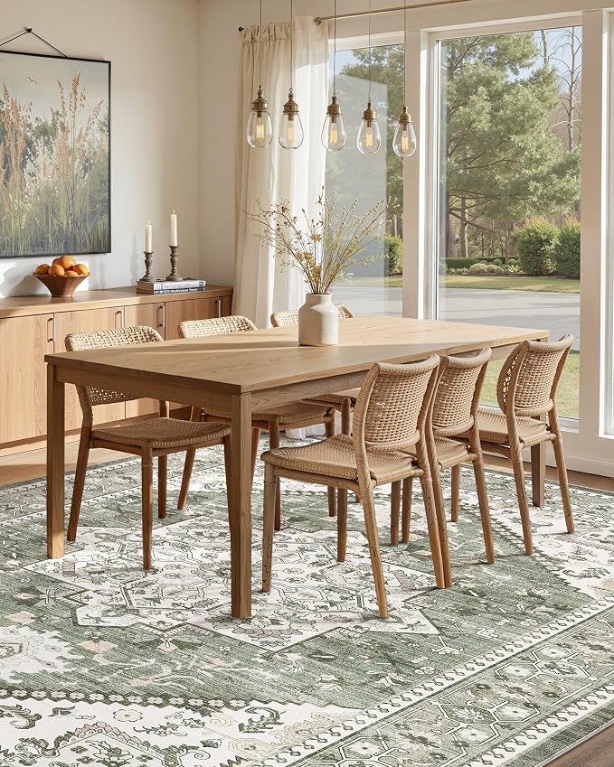Washable Area Rug-12X15 Vintage Neutral Soft Green | Non Slip Thin Foldable Large Floor Carpet for Living Room Bedroom Kitchen Dining Room Home Office Farmhouse Indoor