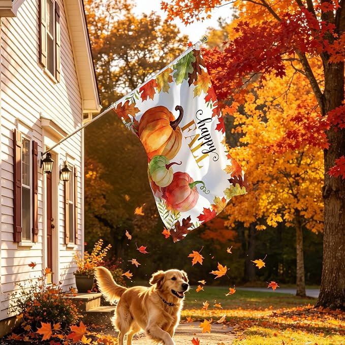 Fall Flag 3x5 Ft Double Sided Happy Fall Banner with White Header Tube & 2 Brass Grommets, Double Stitched Pumpkin Maple Leaf Thanksgiving Decorations for Yard Garden Porch Rustic Holiday Decor