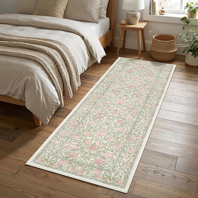 GarveeHome Pink Green Beige Floral 2x6 Kitchen Runner Rug for Hallways | Washable Entryway Bedroom Bathroom Girls Dorm Rug Vintage Boho Rugs Low-Pile Non-Slip Stain Resistant TPE Backing