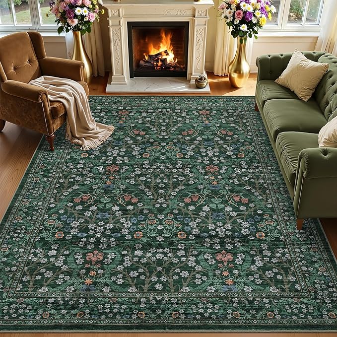 GarveeHome 6x9 Washable Area Rug for Living Room, Floral Dining Room Rugs for Under Table, Low Pile Non-Slip Stain Resistance Floor Carpet for Bedroom, Dark Green