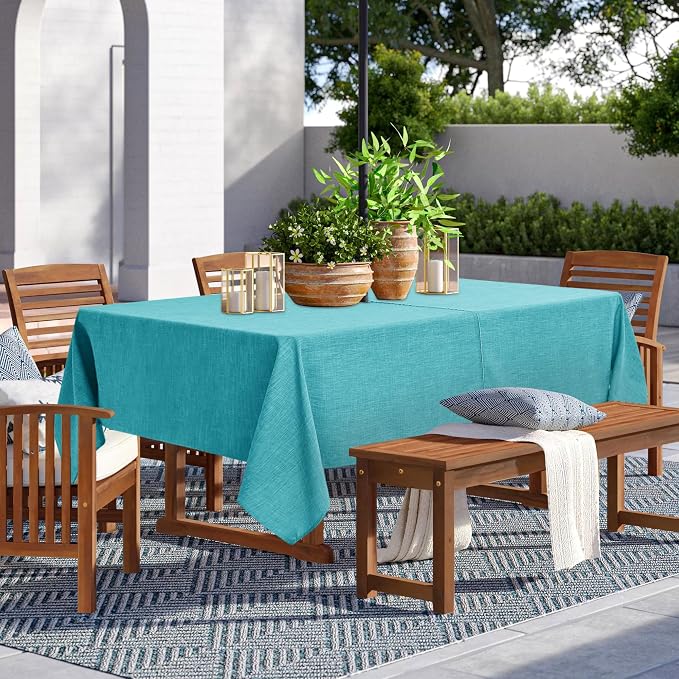 LUSHVIDA Outdoor Tablecloth with Umbrella Hole - Patio Table Cloth Zippered Rectangle 52x70 Inch, Teal Linen-Look Polyester Table Cover Water Resistant for Picnic Outside