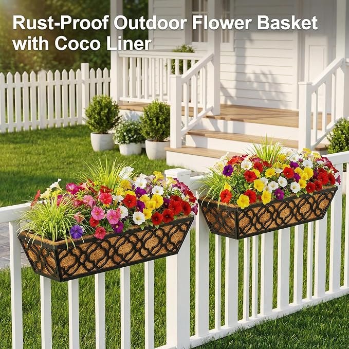 HFHOME 2 Pcs 30" Deck Railing Planter Box with Horse Trough Coco Liners, Black Window Box Metal Hanging Flower Planters Baskets for Indoor, Outdoor, Balcony, Porch, Fence, Patio, and Lawn