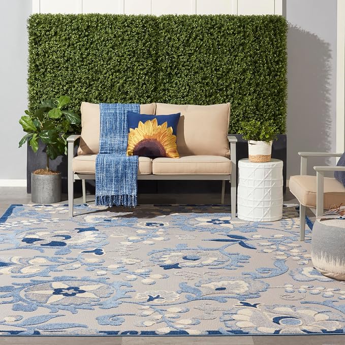 Nourison Home Aloha Blue Grey 9' x 12' Area Rug - Easy Clean, Non Shedding, Bed Room, Living Room, Dining Room, Kitchen (9' x 12')
