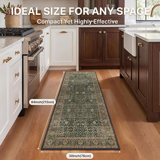 2'6" x 7' Kitchen Runner Rug, Washable Non Slip, Dark Green Brown | Vintage Floral, Spill Resistant, Lightweight Low Pile Carpet for Hallway, Bedroom, Laundry Room and Bathroom