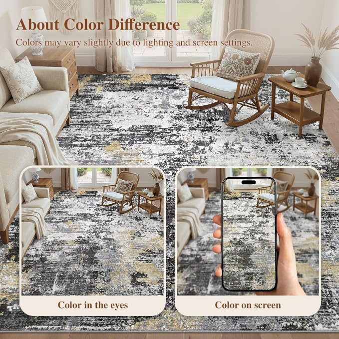UERMEI 10x12 Area Rug for Living Room - Washable Neutral Modern Abstract Carpet, Non-Slip Soft Large Indoor Floor Rugs for Bedroom Home Office & Under Dining Table Decor, Black/White/Gold