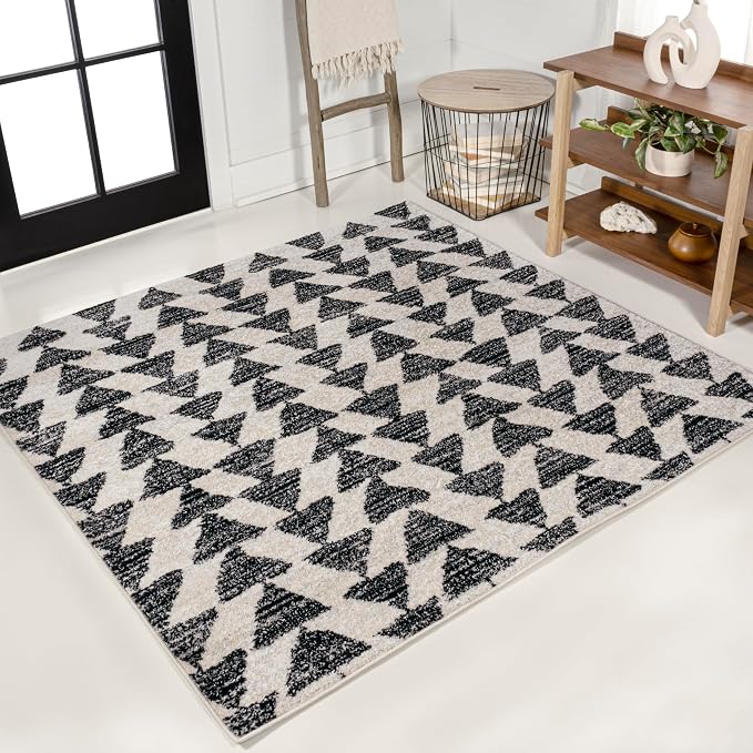 JONATHAN Y Aisha Moroccan Triangle Geometric Cream/Black 5x5 Square Indoor Area Rug, Contemporary, Modern, Easy-Cleaning for Living Room, Bedroom, Kitchen, Pet Friendly, Non-Shedding (MOH206A-5SQ)