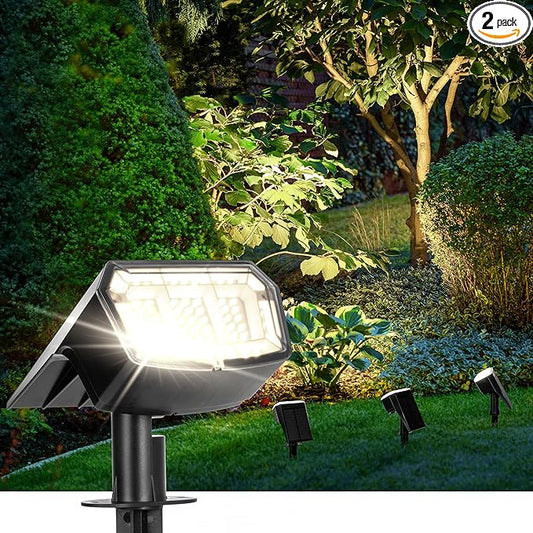 AUDERWIN Solar Spot Lights Outdoor 63 LED 3 Lighting,Waterproof IP65 Modes Spotlights for Outside House Yard Garden Landscape Lights 2 Pack (Natural Light)