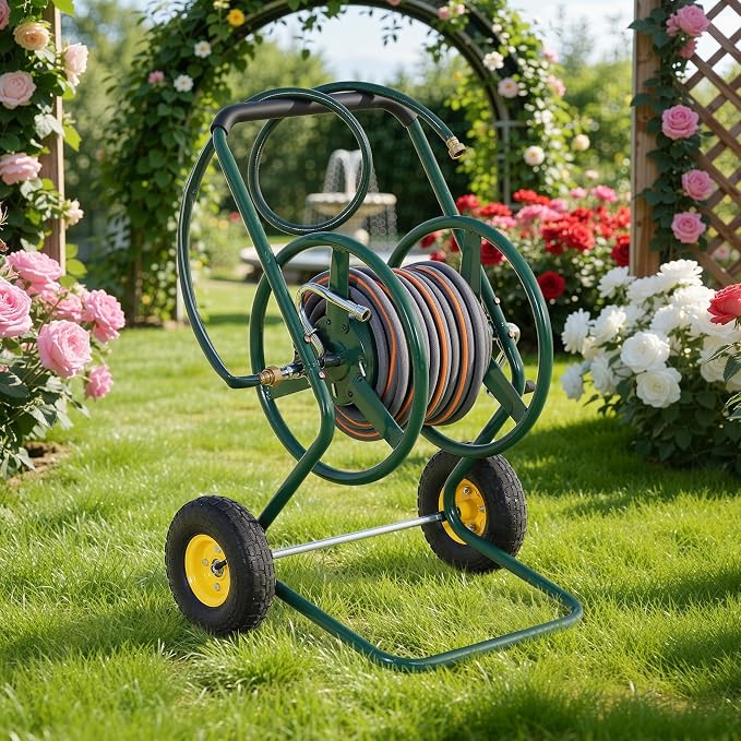 Hose Reel Cart, 250FT 5/8" All-Terrain Mobile Water Hose Truck, Heavy-Duty Rust-Proof Iron Frame Industrial Garden Cart for Outdoor Lawn Yard & Car Washing