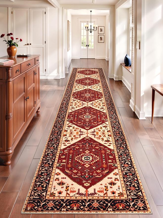 SERISSA 2'6"x14' Washable Non Slip Boho Runner Rug for Hallway，Red Black | Ultra Soft Vintage Oriental Carpet Low-Pile Tribal Floor Carpet for Kitchen Bedroom Entryway Bathroom Laundry Room