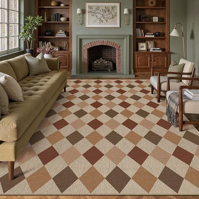 PureCozy 8x10 Checkered Easy Jute Area Rug for Living Room Large Checkerboard Washable Indoor Outdoor Carpet Farmhouse Patio Office Mat Geometric Non Slip Brown-Beige Carpet for Backyard Dining Room