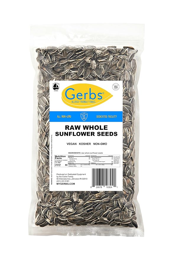 Gerbs Raw Whole Sunflower Seeds 1 lb. | In-Shell, No Artificial Additives, Resealable Bag | Crack-and-Eat Crunchy Snack | Top 14 Allergen-Free