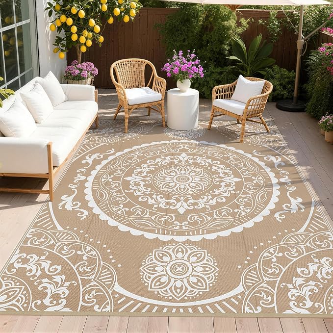 Pauwer Waterproof Outdoor Rug 9x12, Reversible Plastic Straw Patio Camping Rug, Indoor Outdoor RV Mat Carpet for Deck, Camper, Porch, Balcony, Backyard, Picnic, Paisley Brown