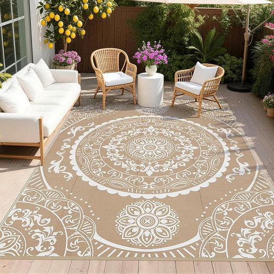 Pauwer Waterproof Outdoor Rug 9x12, Reversible Plastic Straw Patio Camping Rug, Indoor Outdoor RV Mat Carpet for Deck, Camper, Porch, Balcony, Backyard, Picnic, Paisley Brown