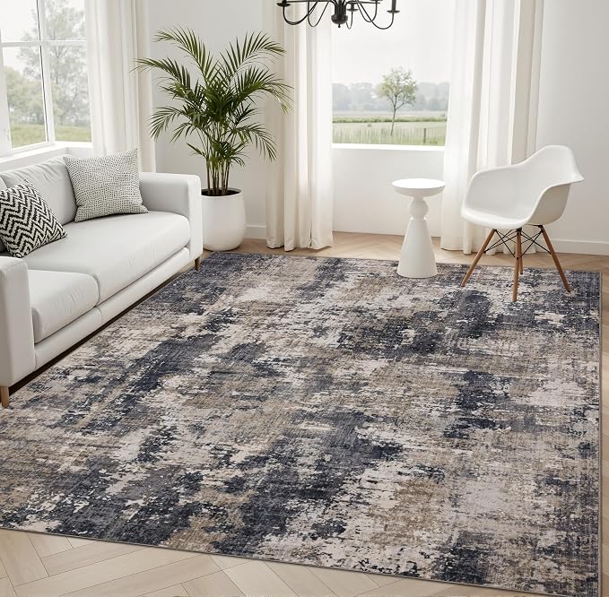 Sasttie 4x6 Washable Area Rug, Modern Abstract Carpet, Black & Beige | Ultra-Soft Faux Wool, Low Pile, Non-Slip, Lightweight, Thin, for Living Room, Bedroom, Dinning Room & Dorm