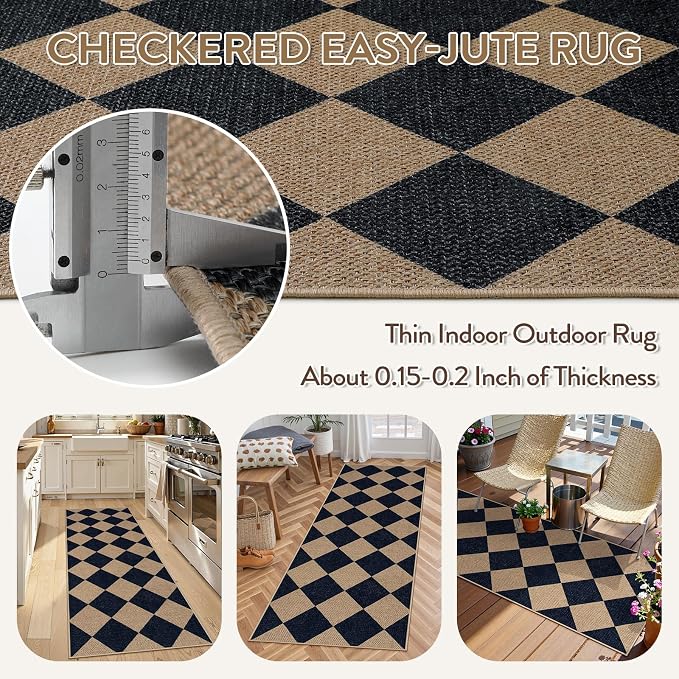 Lahome Colette Checkered Easy Jute Runner Rug, 2x6 Kitchen Mats for Floor Washable Entryway Runner, Checkerboard Black Indoor Outdoor Carpet for Hallway 6ft Entry Laundry