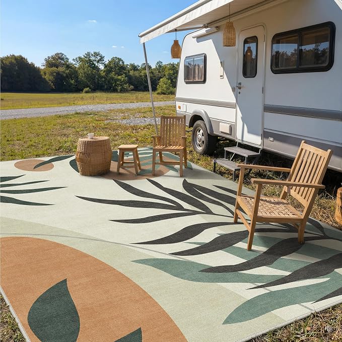 GENIMO Outdoor & Indoor Area Rug 9'x12', Waterproof, Non-Shedding, Easy Cleaning, Leaf Mat for Patio, Living Room, Balcony, Dining Room, RV, Deck, Bedroom, Camping, Outside Carpet, Beige Grey