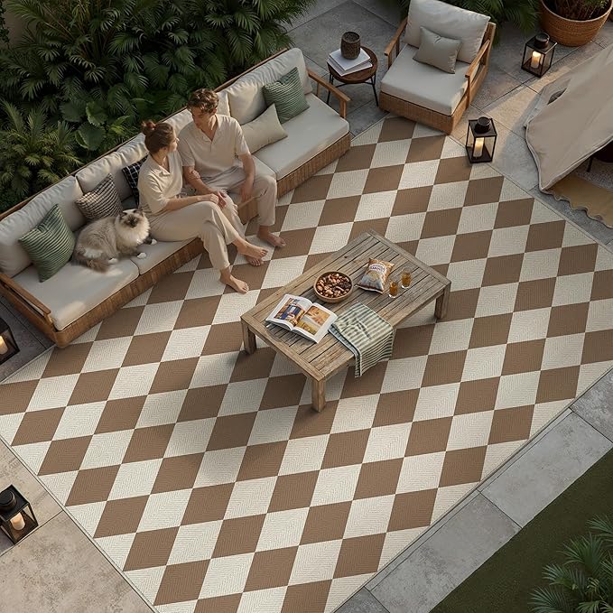 PureCozy 8x10 Checkered Chevron Pattern Area Rug for Living Room Large Checkerboard Washable Indoor Outdoor Carpet Farmhouse Patio Office Mat Geometric Non Slip Brown Carpet for Backyard Dining Room