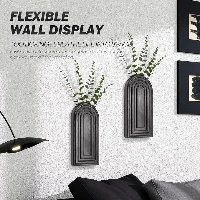 EOSAHR Pine Wood Wall Vases Set of 2 – Modern Wall Decor & Hanging Planters for Indoor Plants – Boho Home Decor Accent with Rustic Charm for Living Room, Kitchen & Bedroom (Black)