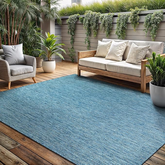 Washable Indoor Outdoor Rug Weather Resistant Carpet Modern Solid for Porch Deck Balcony Backyard Patio Rug 8x10 Aqua Blue