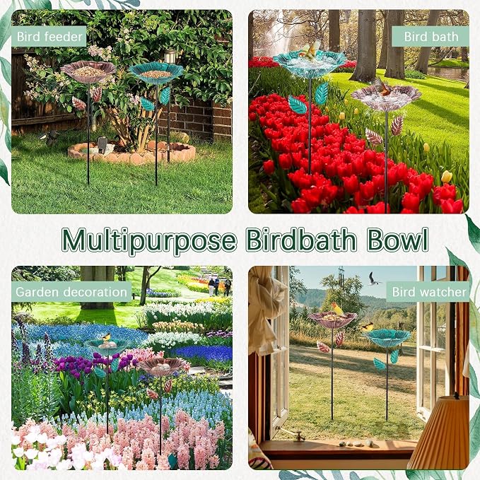 2 Pack Bird Baths for Outdoors, Vintage Metal Bird Bath for Outside, Hummingbird Bath with Five Stakes, Garden Flower Small Birdbath for Garden Decor, 31.3" H x 10.63" Dia (Bronze,Vintage Green)