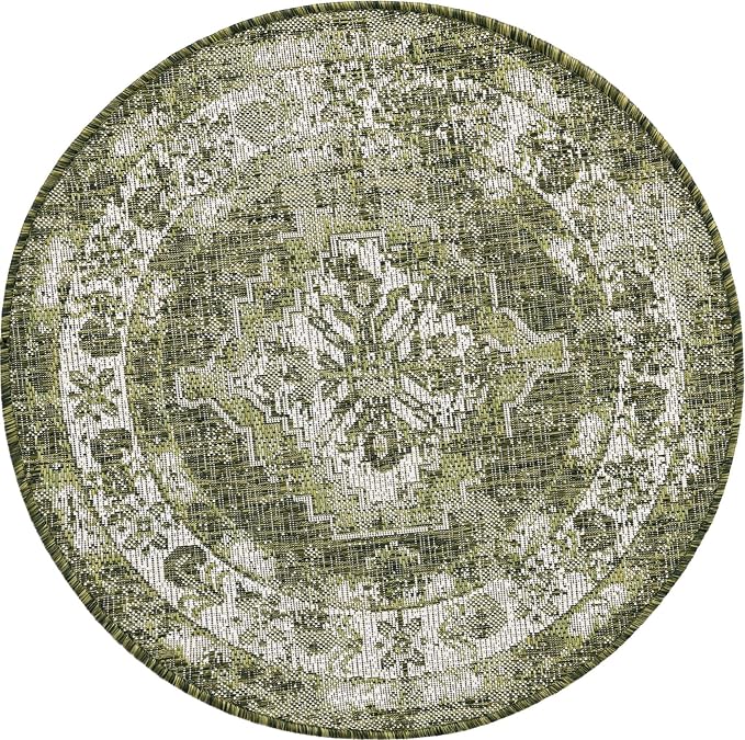 Unique Loom Outdoor Traditional Collection Area Rug - Valeria (3' 3" Round, Green/ Light Green)