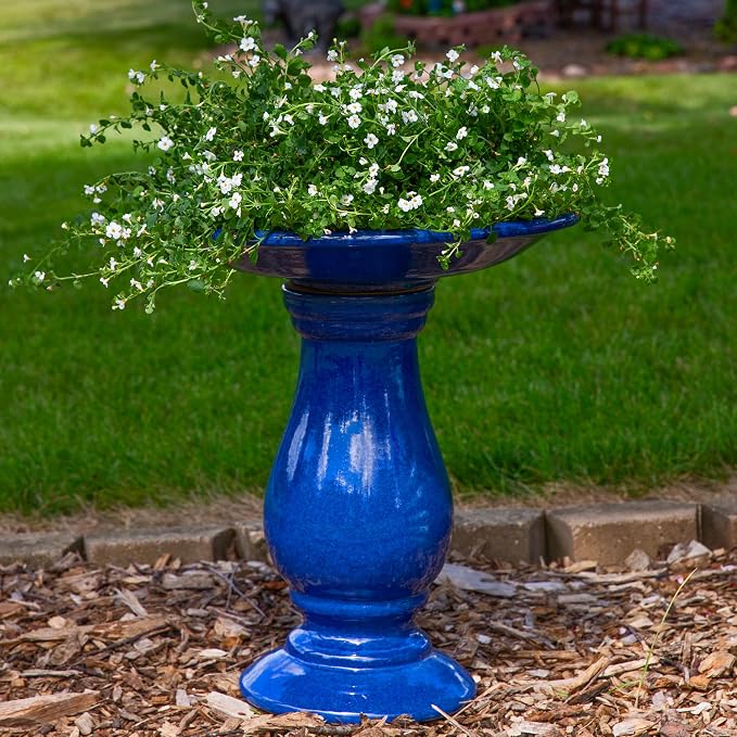 Sunnydaze Blue Ceramic Bird Bath for Outside - 21.5" H Garden Bird Bath - Daisy Embossed Bowl - UV-/Frost-Resistant Glaze Finish