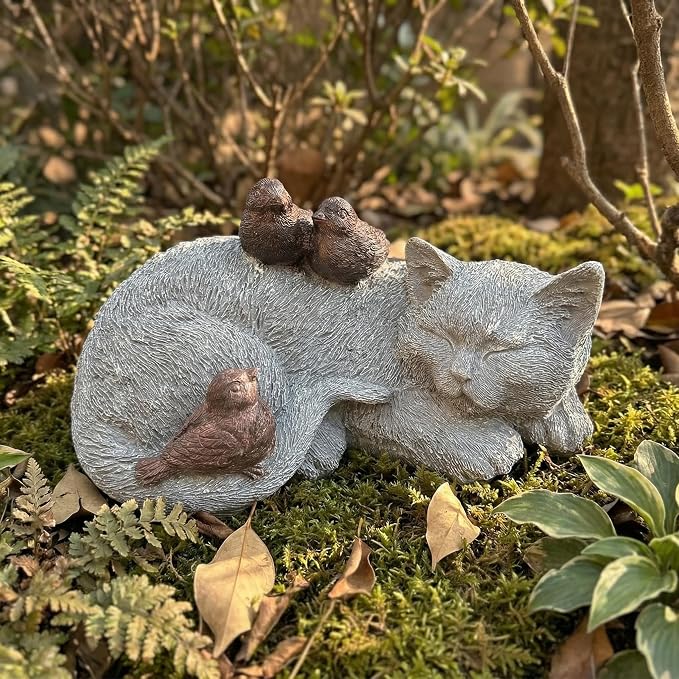Cat Statue Outdoor Garden Decoration, Cat Memorial Stone Peaceful Sleeping Statues & Figurine Garden Decor for Patio Lawn Porch, 11.5" Tabby Grave Markers and Loss Pet Sympathy Gift