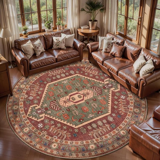 Ciicool 6ft Round Area Rug for Bedroom,Washable Large Circle for Kitchen | Vintage Non-Slip Low-Pile Oriental Indoor Mat Soft Boho Entry Carpet for Entryway Bedside Living Room Bathroom Dining Room