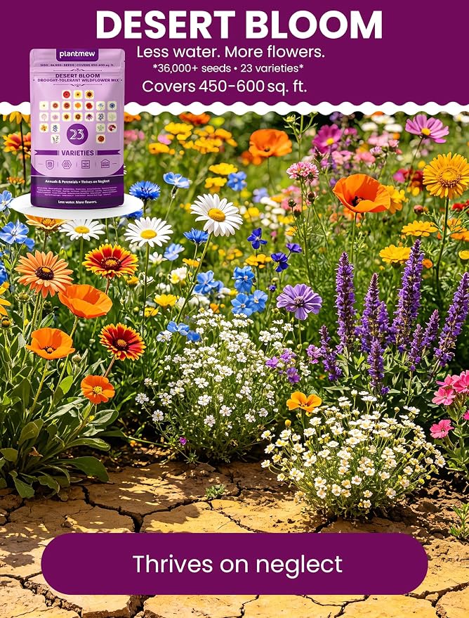 Wildflower Seeds – Desert Bloom Drought-Tolerant Mix, 23 Varieties Annuals & Perennials, 36,000+ Seeds (4oz) Covers 450-600 sq.ft. – High Germination, Thrives on Neglect, Less Water More Flowers