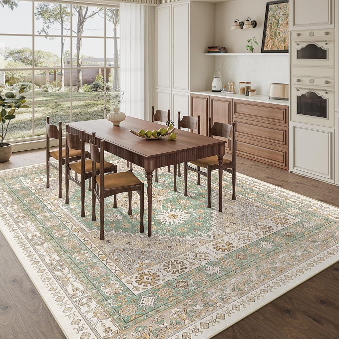 9x12 Area Rugs for Living Room,Large Washable Rug,Green | Rugs for Bedroom,Dining Room,Office,Low Pile,Soft, Vintage Rug,Stain Resistant Indoor Carpet,Non Slip,Home Decor