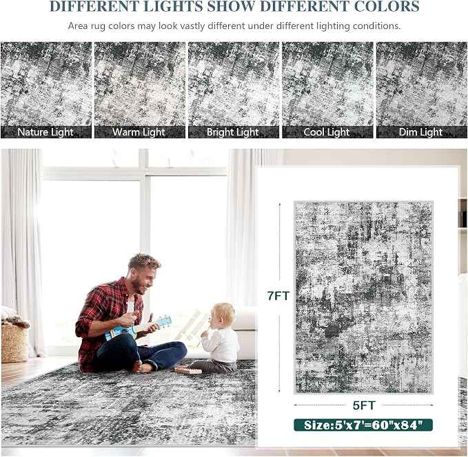5x7 Area Rugs Washable Rug: Abstract Neutral Rugs Modern Non Slip Area Rug Stain Resistant Low Pile Indoor Carpet for Dining Room Bedroom Nursery Office (Black Grey, 5'x7')